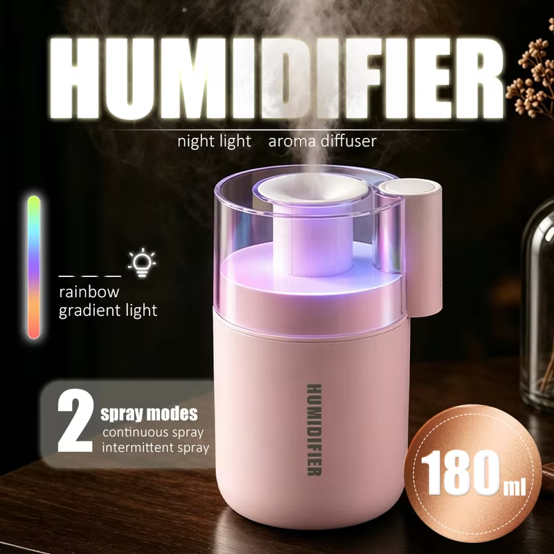 Portable Air Humidifier, 2 Mist Modes, 7 Color Light, 180ml, for Home Office Car Cool Mist USB Humidifier