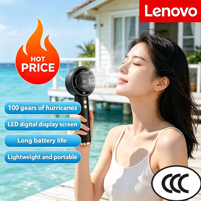 Lenovo Mini Portable Handheld Turbo Fan USB Rechargeable Air Cooler with LED Display, High-Speed Quiet Cooling for Outdoor Use